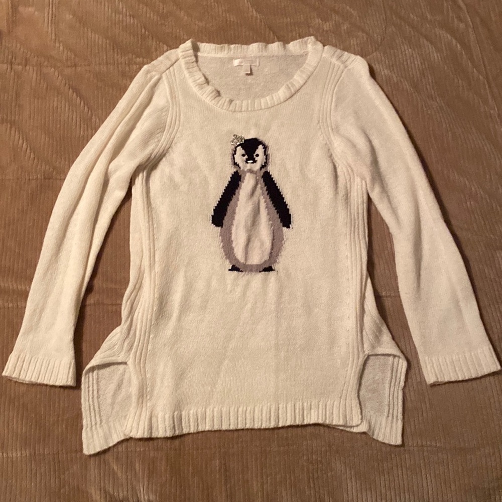 LC Laura Conrad - Off White  Holiday Penguin Sweater with Bling Tiara Sz Large